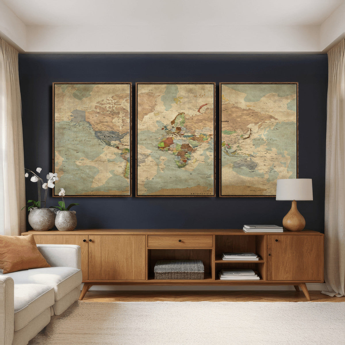 World Map Wall Art Canvas Print, Rustic Map Print, Framed