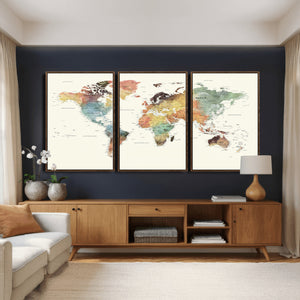 Framed World Map Wall Art Canvas Print for Living Room and