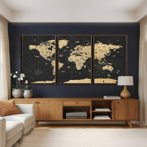Vintage Blue and Brown World Map Canvas Wall Art – Framed