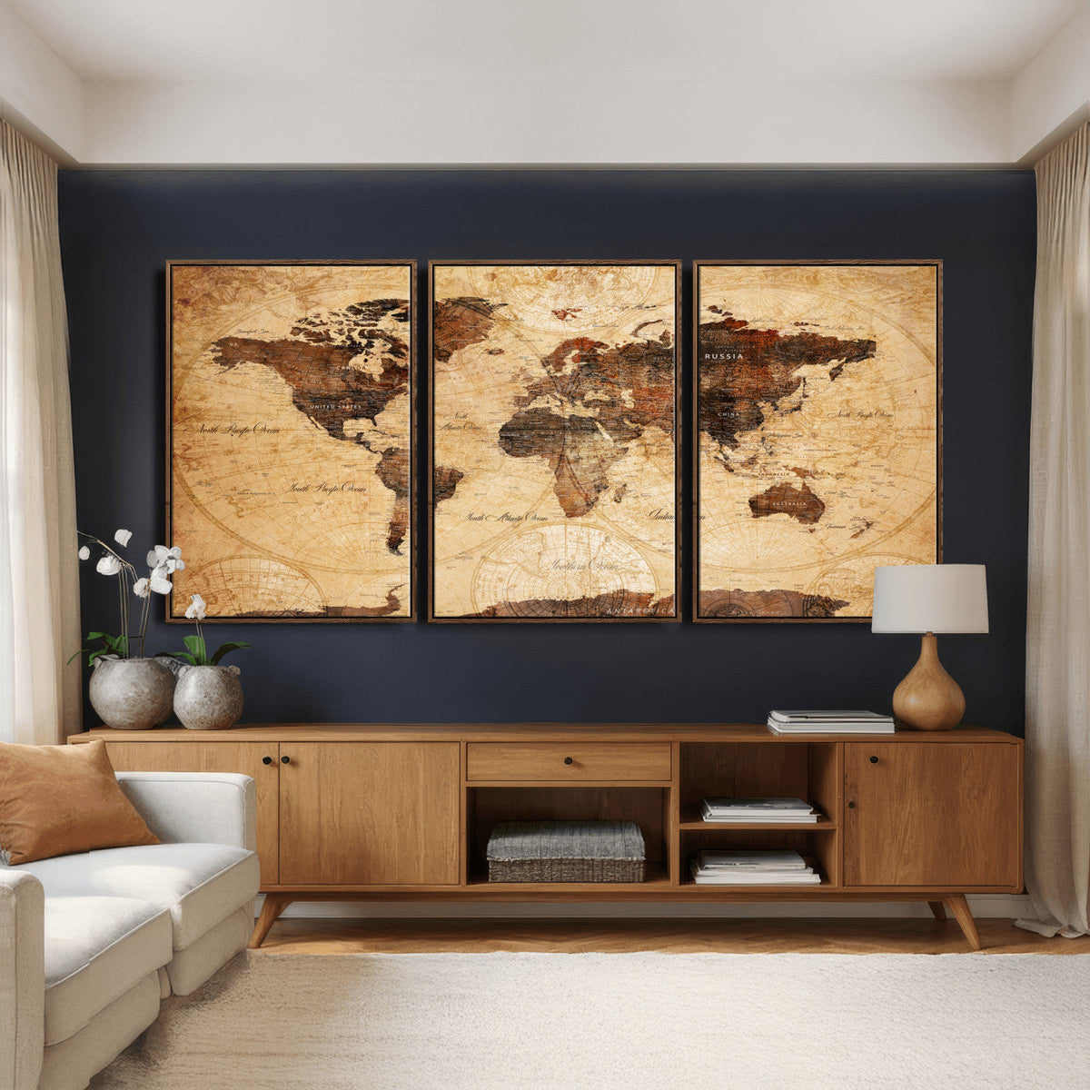 Modern Red and Gray World Map Canvas Print – Framed Wall Art