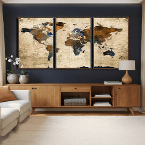 World Map Wall Art – Rustic Earth Tone Canvas Print, Antique