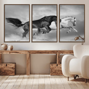 Wild Horses Wall Art Canvas Print – Framed Black and White