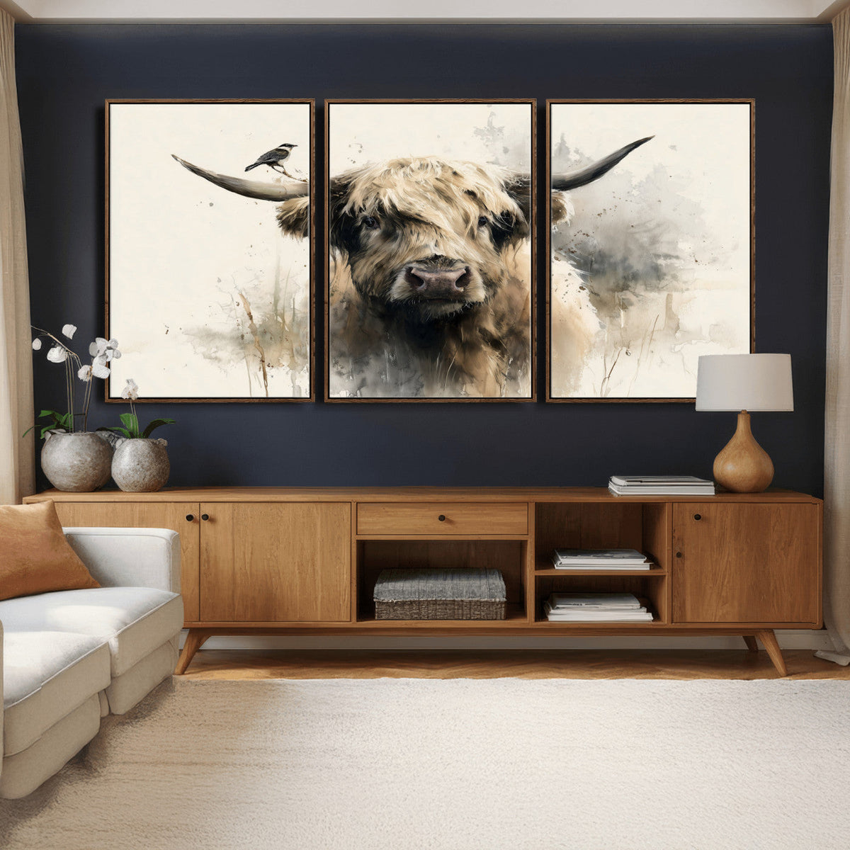 Abstract Highland Cow Wall Art Canvas Print, Rustic Farm