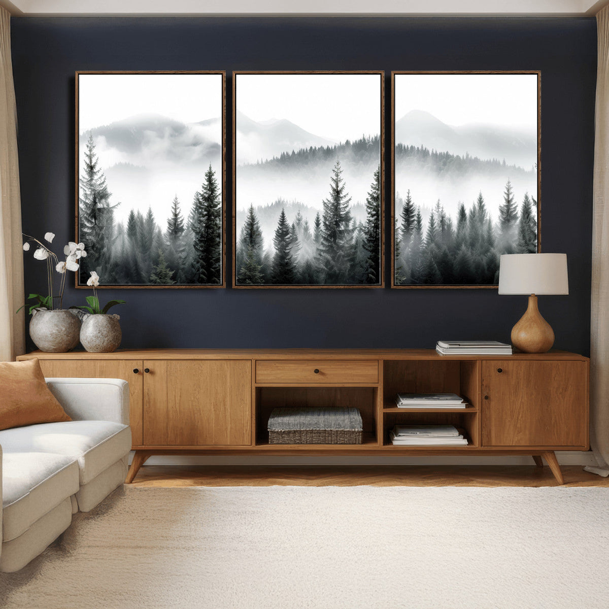 Misty Pine Forest Mountain Landscape Wall Art Canvas Print