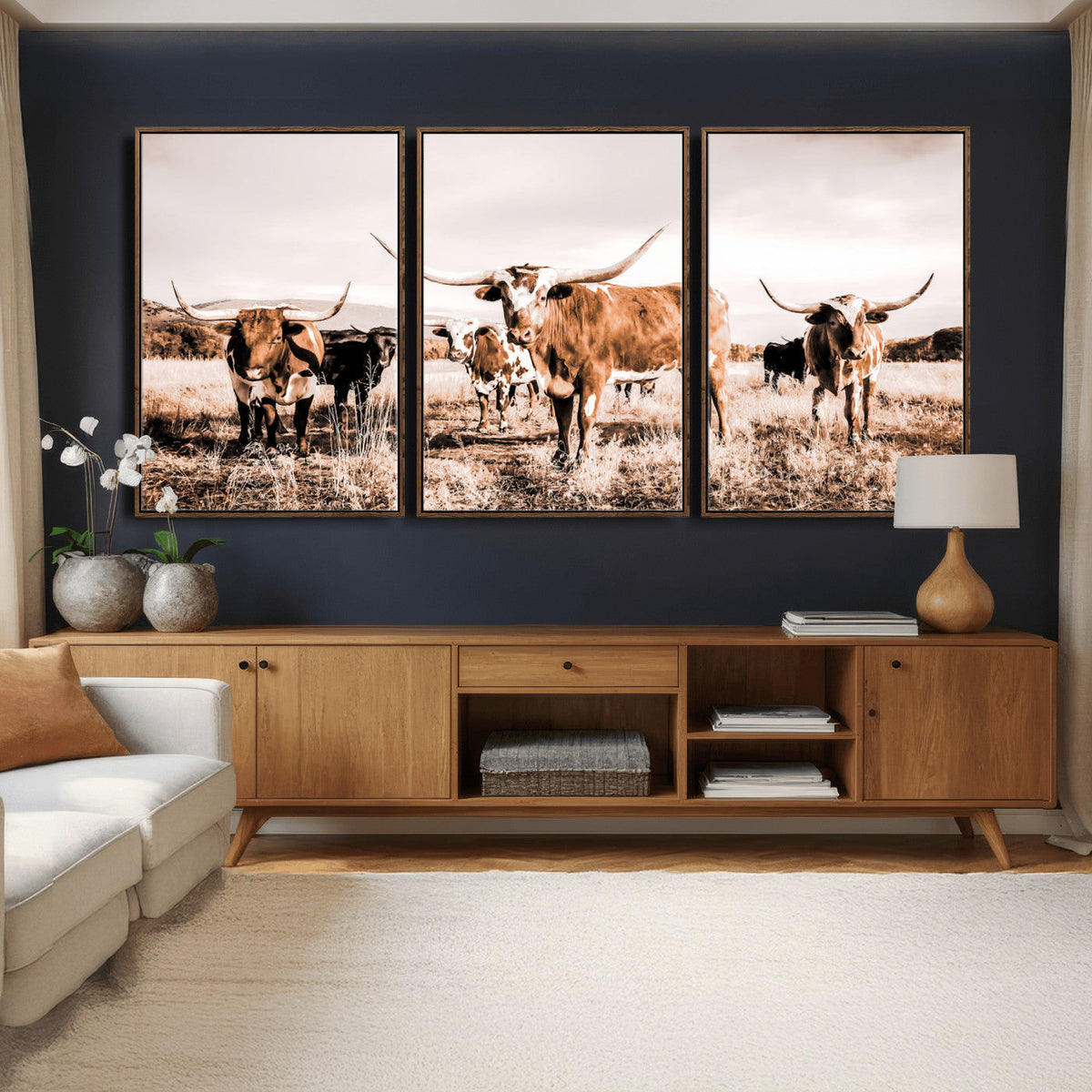 Texas Longhorn Cattle Wall Art Canvas Print, Sepia Western