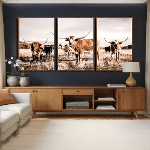 Texas Longhorn Cattle Wall Art Canvas Print, Sepia Western