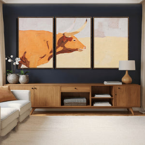 Minimal Longhorn Bull Wall Art Canvas Print, Neutral Western