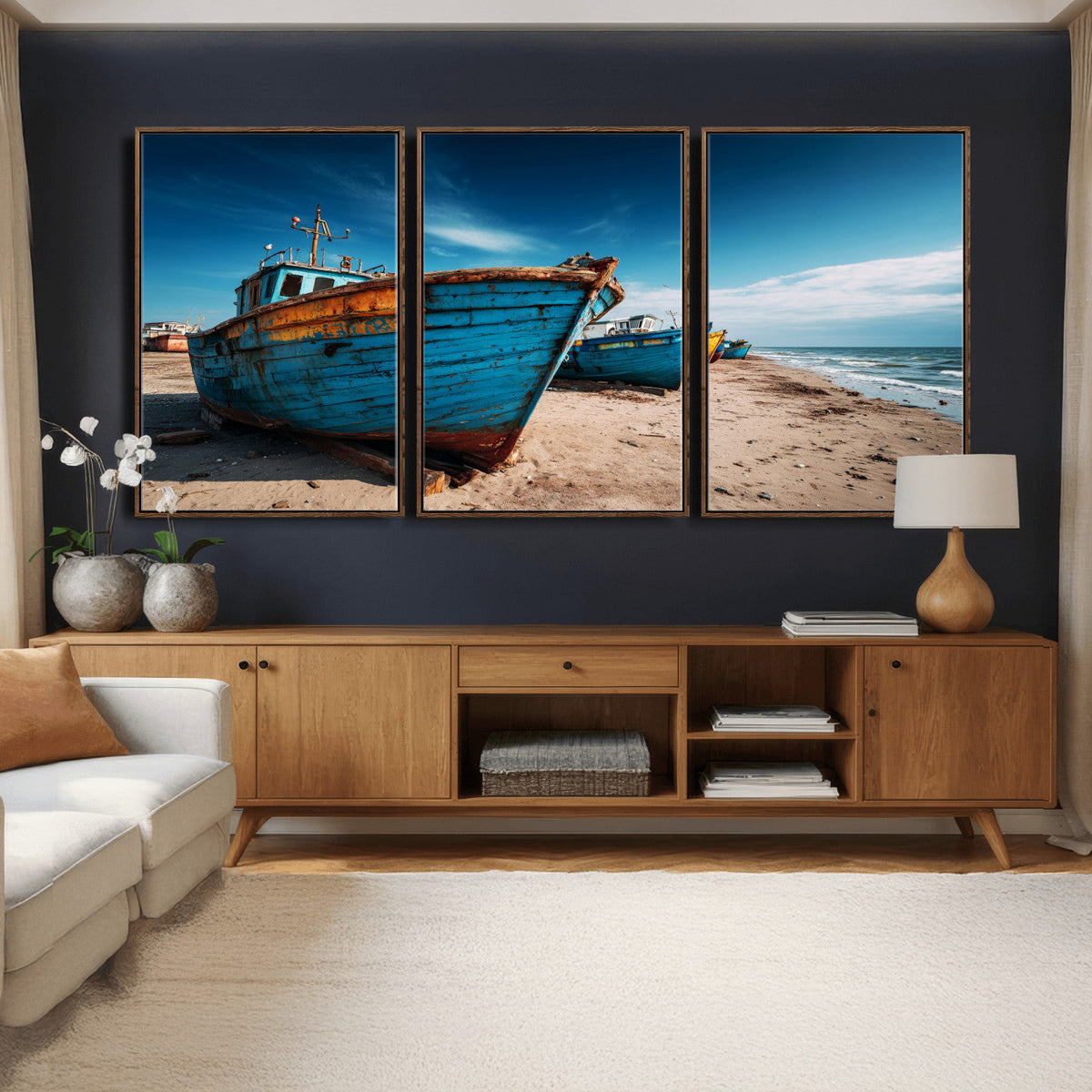 Coastal Fishing Boats Wall Art Canvas Print, Sunset Beach