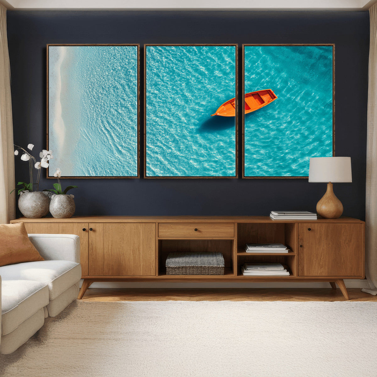 Minimalist Boat Wall Art Canvas Print, Aerial Sea Landscape