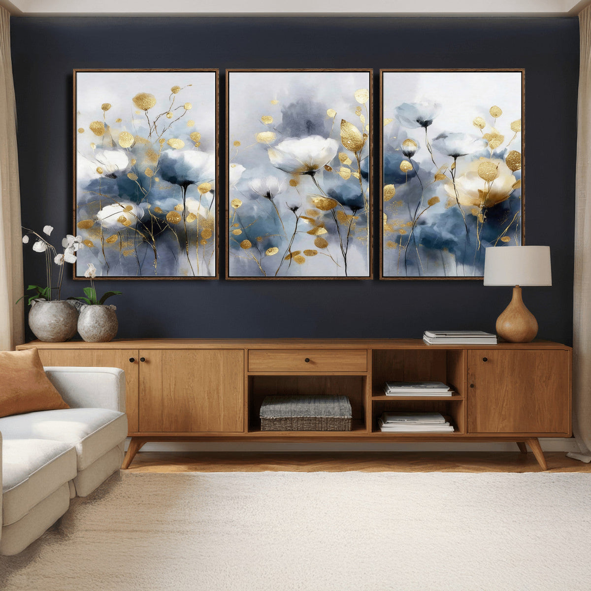 Large Abstract Flowers Wall Art Canvas Print – Gold and Blue