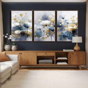 Large Abstract Flowers Wall Art Canvas Print – Gold and Blue