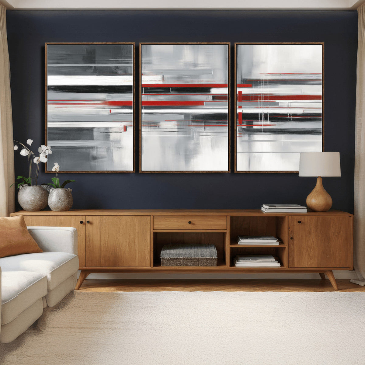 Gray Red Abstract Wall Art Canvas Print, Modern Abstract