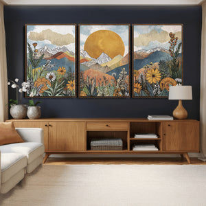 Boho Mountain Landscape Large Wall Art, Horizontal Gold