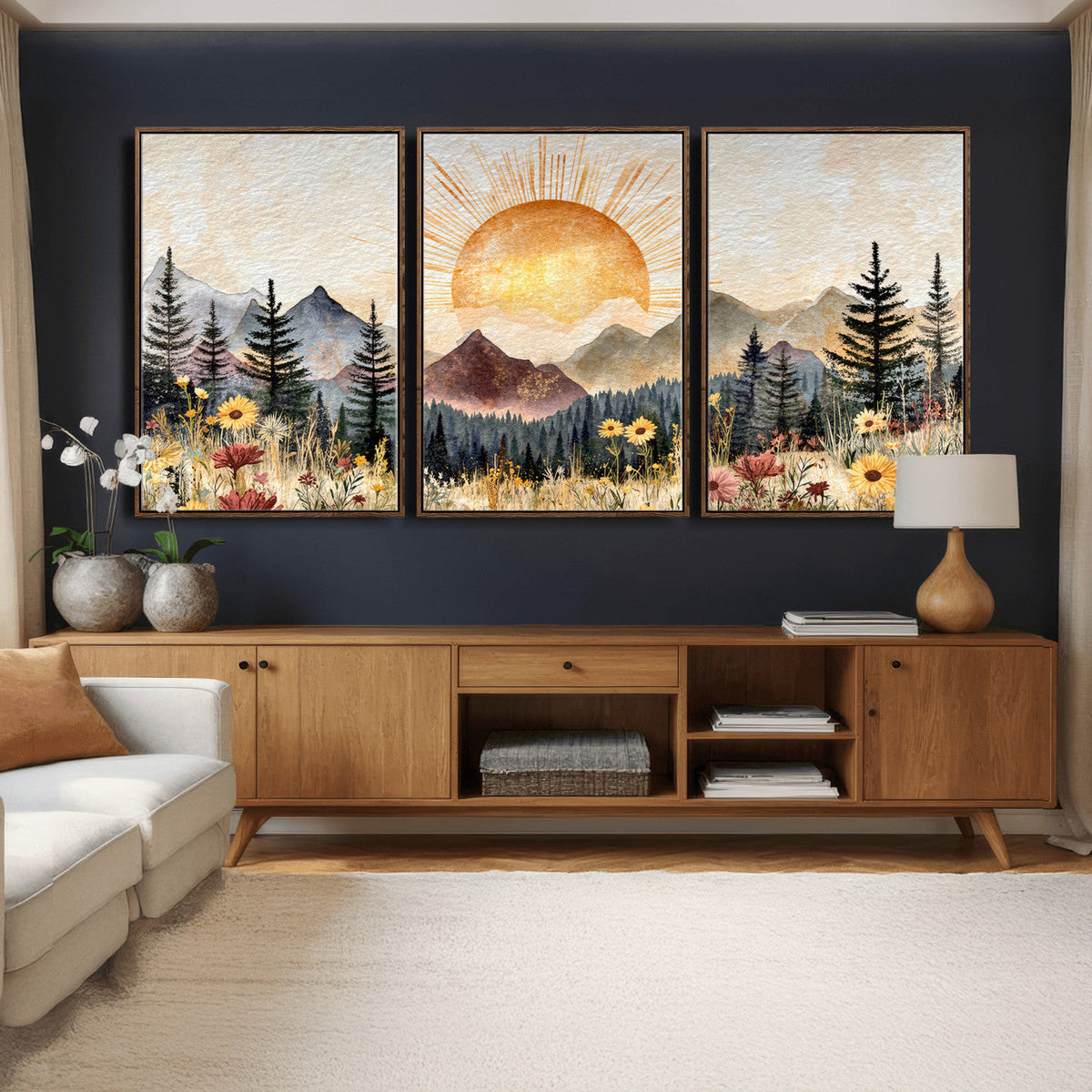 Boho Mountain Landscape Large Wall Art, Horizontal Gold
