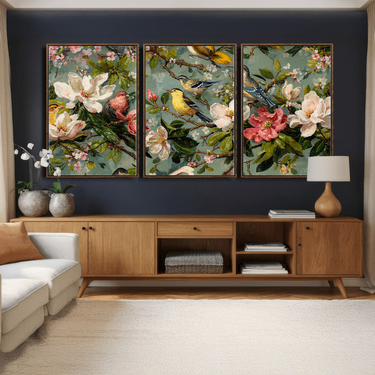 Vintage Birds and Flowers Wide Wall Art: Extra Large