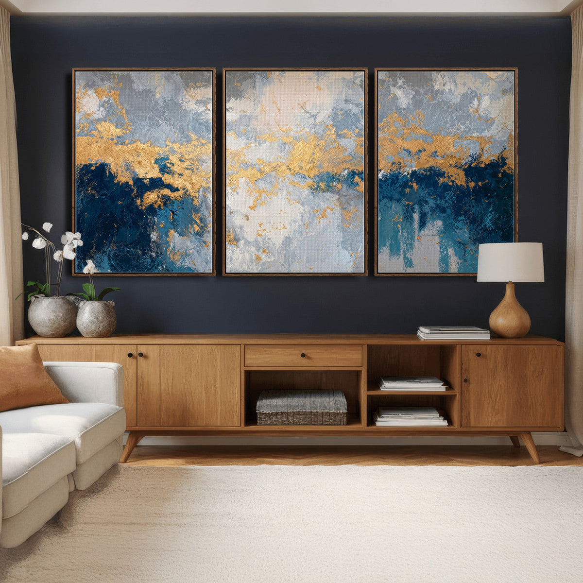 Blue Gold Abstract Large Framed Canvas Wall Art, Modern