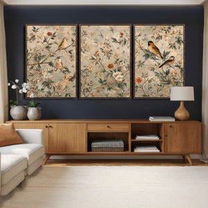 Vintage Birds and Flowers Wall Art Canvas Print, Botanical