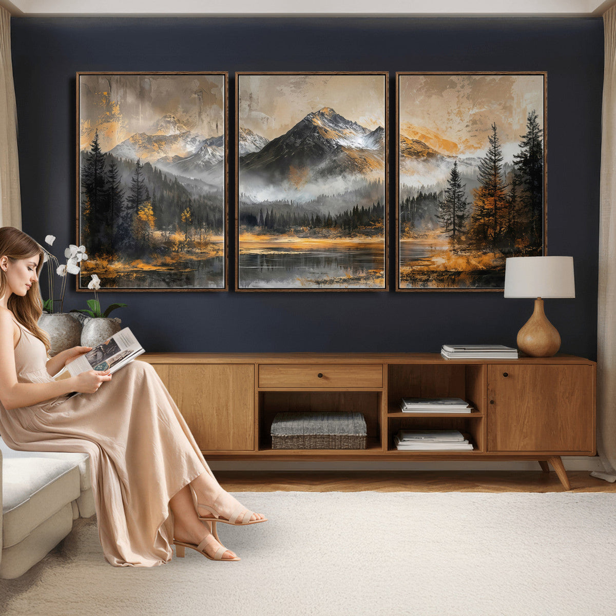 Mountain Lake Canvas Wall Art — Rustic Forest Landscape