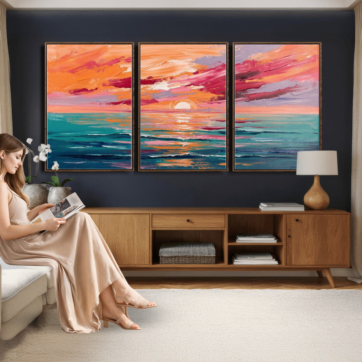 Bold Palette Knife Ocean Sunset Canvas — Orange Pink Teal