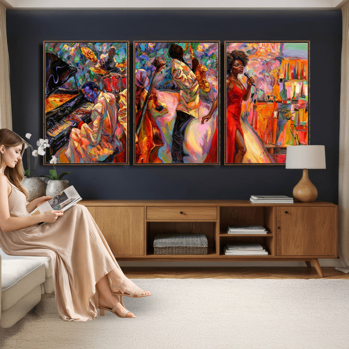 African American Jazz Singer Canvas Art — Red Dress Black