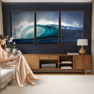 Ocean Wave Canvas Wall Art, Dramatic Teal Blue Seascape Oil
