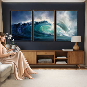 Ocean Wave Canvas Wall Art, Dramatic Teal Blue Seascape Oil