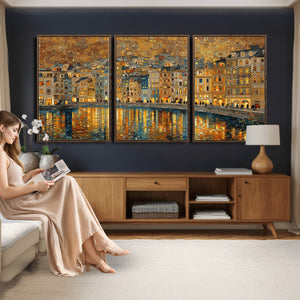Gustav Klimt Golden Cityscape Wall Art Canvas Print, Framed