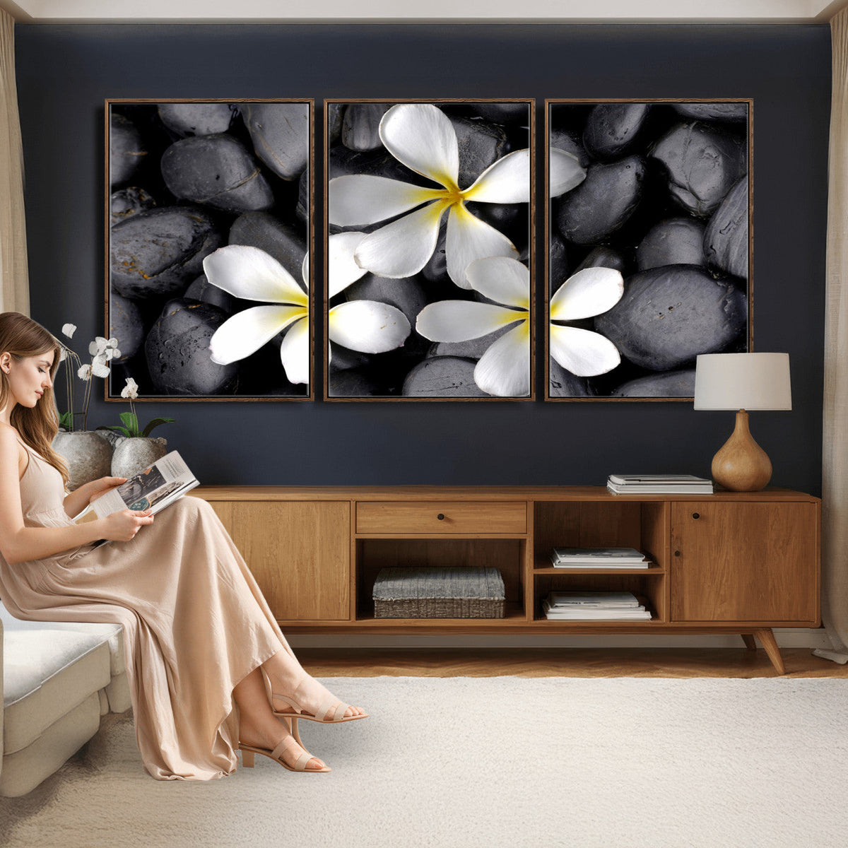 Plumeria Frangipani Black Stone Canvas | White Flower Spa
