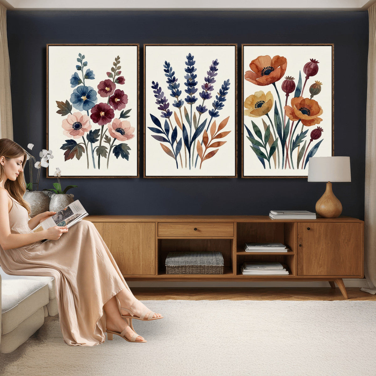 Watercolor Botanical Canvas Wall Art Set, Navy Terracotta