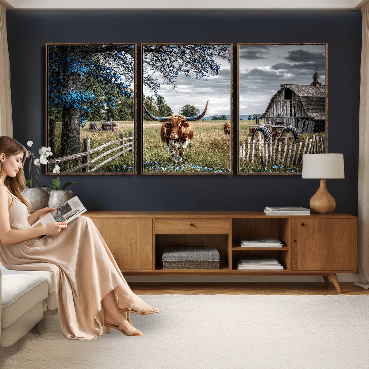 Texas Longhorn Canvas Wall Art, Rustic Farm Barn Bluebonnet