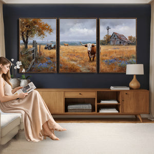 Texas Longhorn Canvas Wall Art, Rustic Farm Barn Bluebonnet