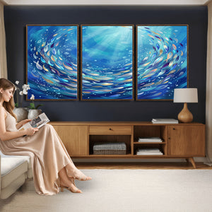 School of Fish Canvas Print | Blue Ocean Underwater Wall Art