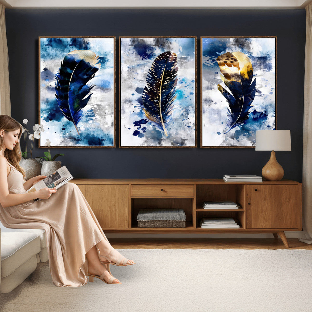 Feather Canvas Wall Art Navy Blue Gold Watercolor Abstract