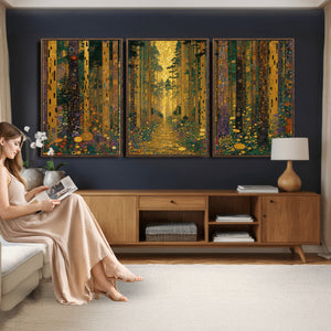 Gustav Klimt Style Forest Canvas Wall Art, Golden Forest Path Floral Art Nouveau Print, Enchanted Woodland Decor