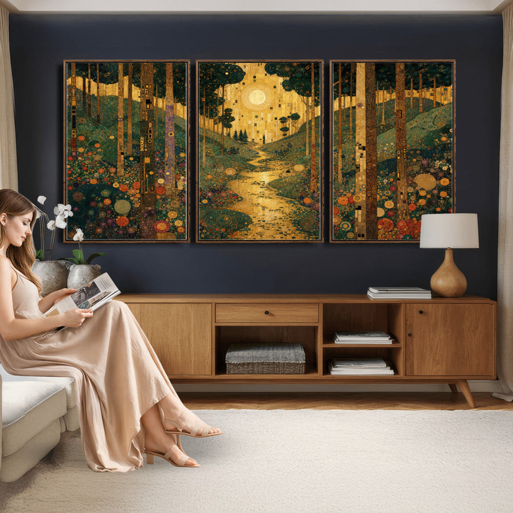 Gustav Klimt Style Forest Canvas Wall Art, Golden Forest Path Floral Art Nouveau Print, Enchanted Woodland Decor