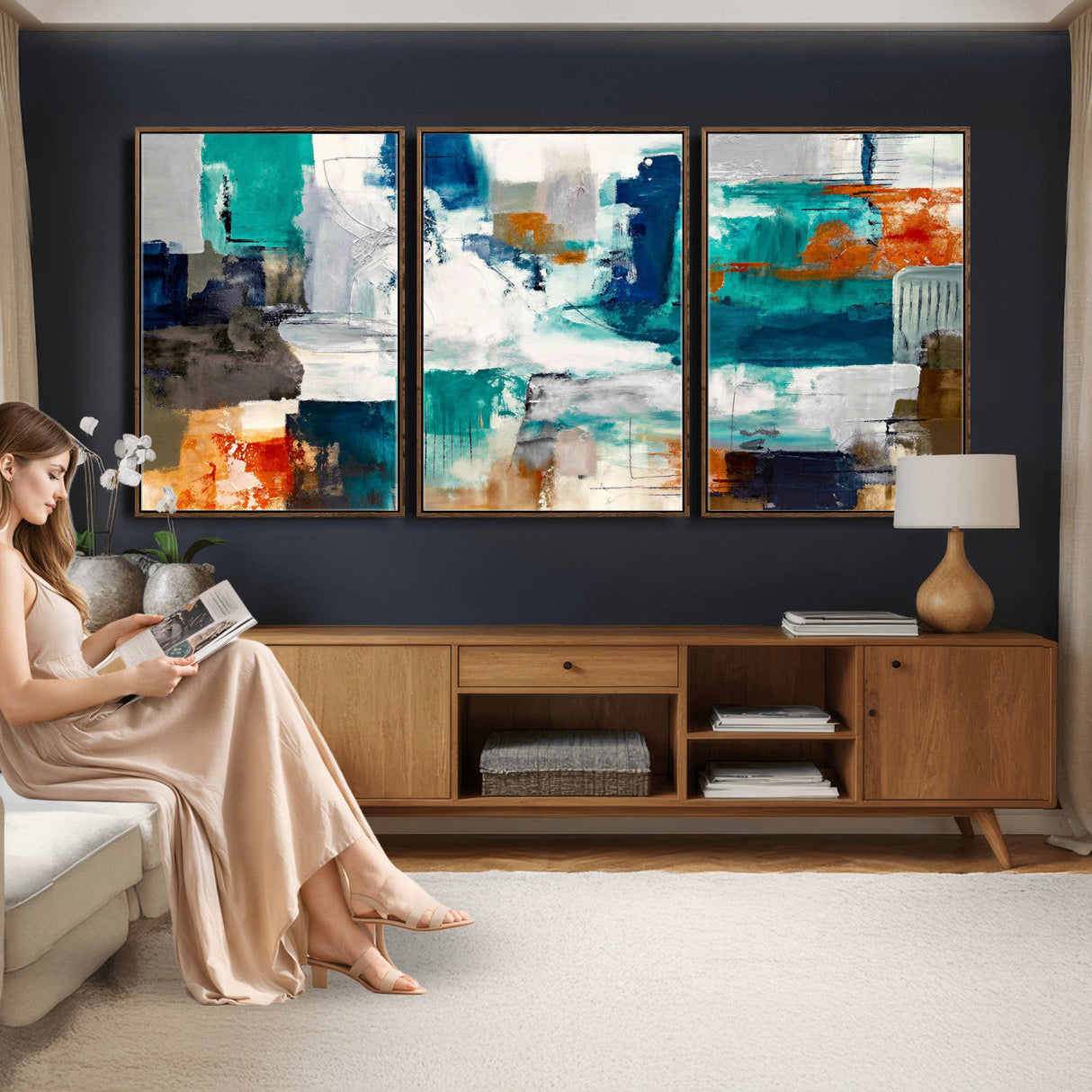 Blue Teal Abstract Canvas Wall Art, Modern Textured Painting Print, Navy Orange White Contemporary Art, Neutral Living Room Decor, Office Art