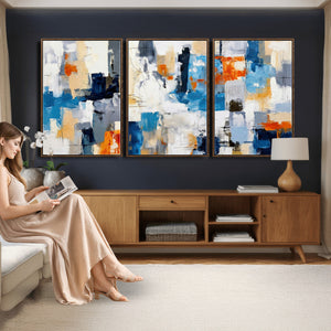 Blue Teal Abstract Canvas Wall Art, Modern Textured Painting Print, Navy Orange White Contemporary Art, Neutral Living Room Decor, Office Art