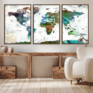 Modern Watercolor World Map Canvas Wall Art – Framed