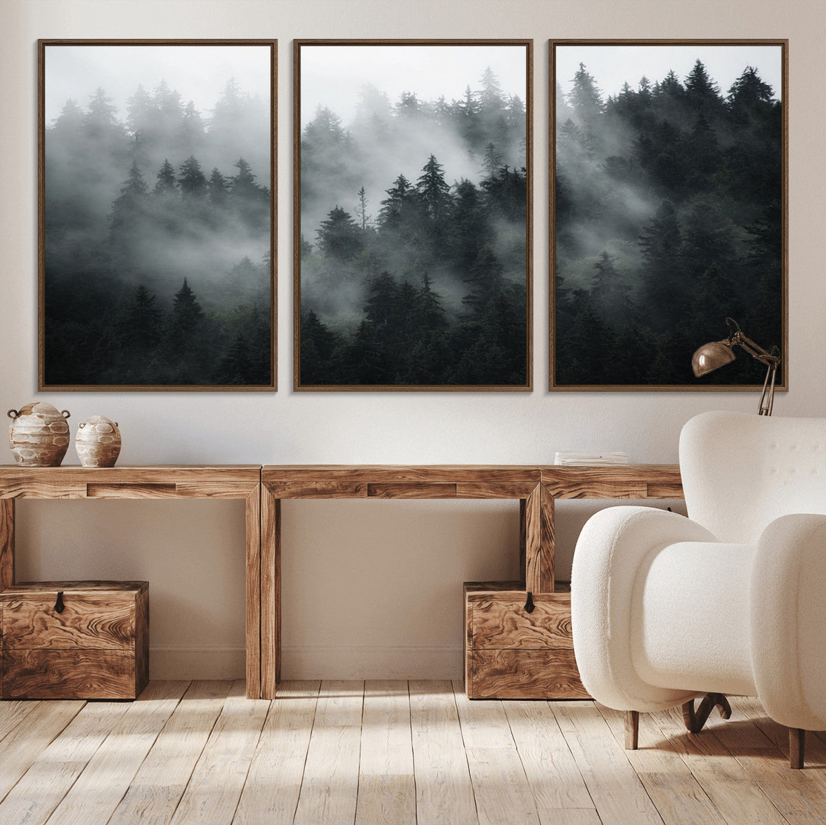 Foggy Forest Wall Art Canvas Print | 3 Panel Large Misty