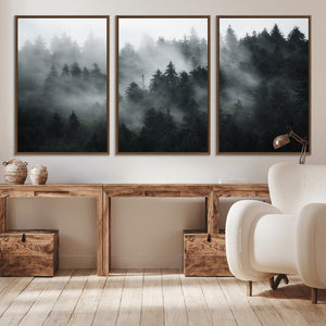 Foggy Forest Wall Art Canvas Print | 3 Panel Large Misty