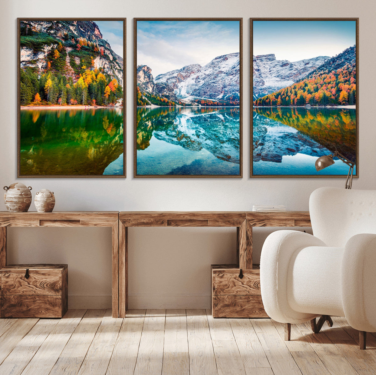 Spectacular autumn view of Braies Lake Wall Art Canvas Print
