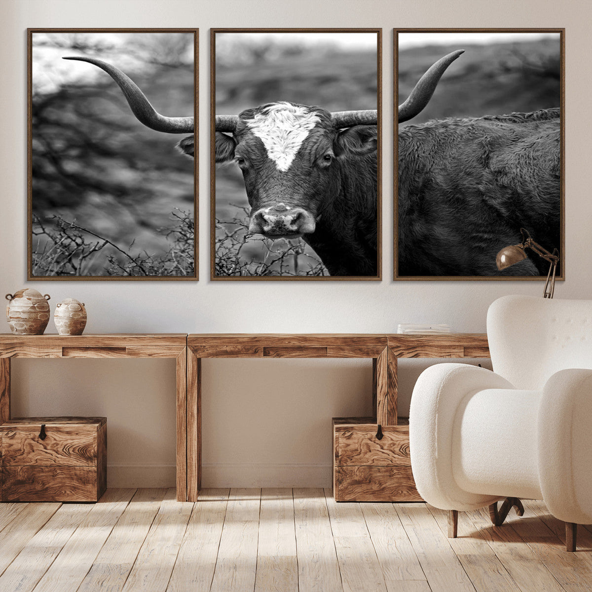 Western Home Wall Art Canvas Print, Framed Texas Longhorn