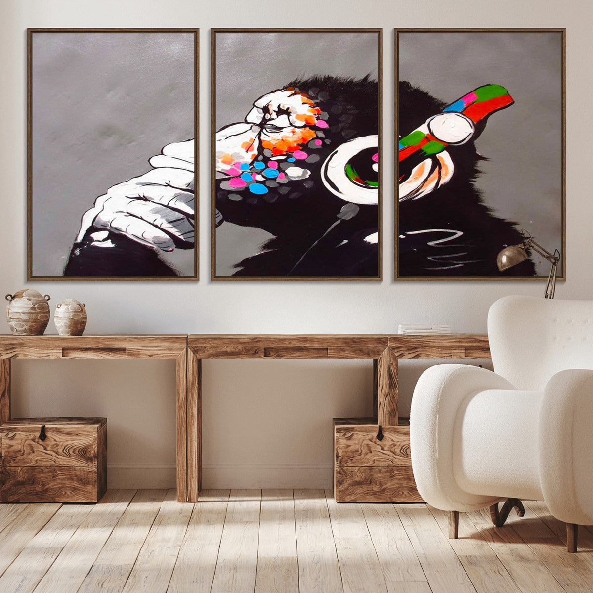 Dj Monkey Listening to Music Wall Art Print | Banksy Monkey