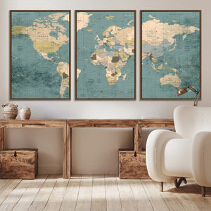 Classic World Map Canvas Print – Framed Vintage Map Wall
