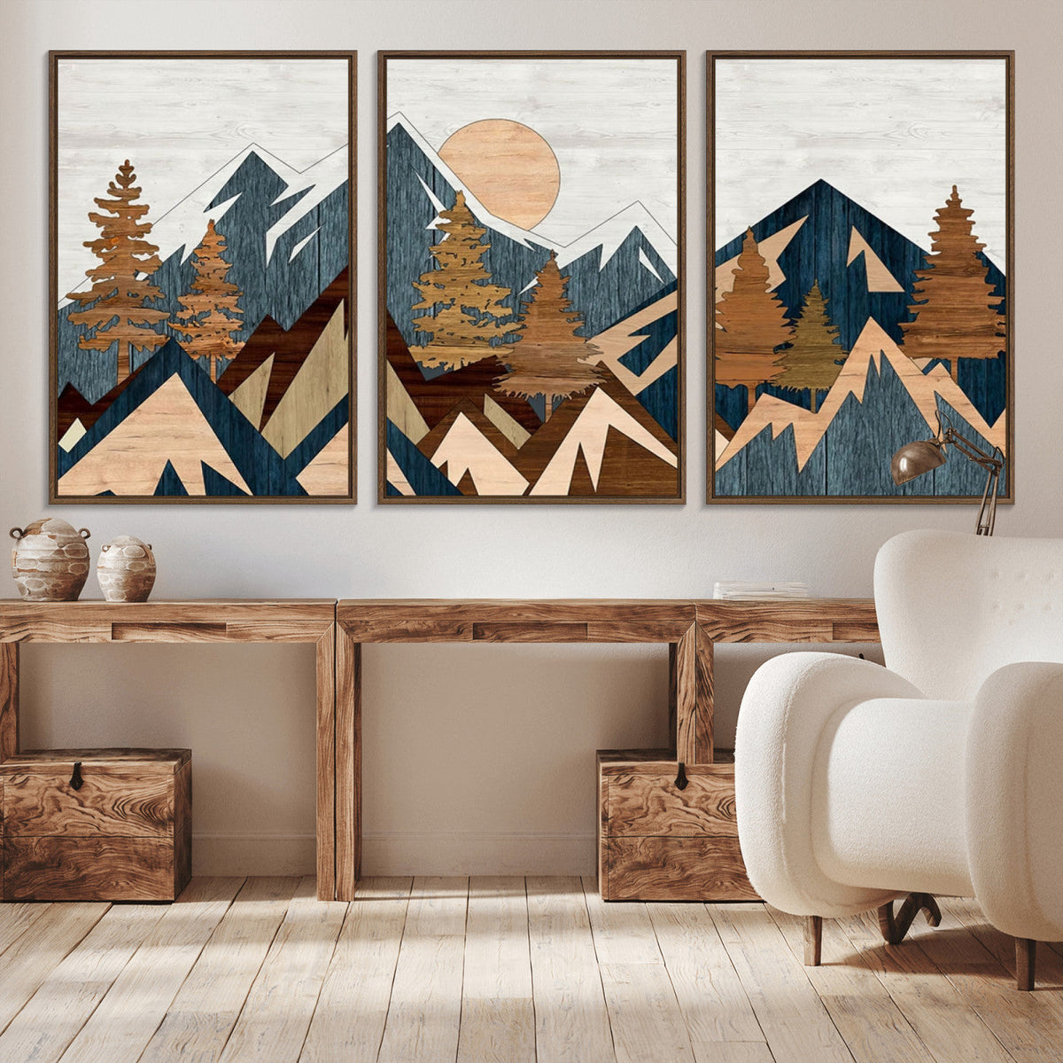 Abstract Wood Panel Effect Mountain Range Top Wall Art