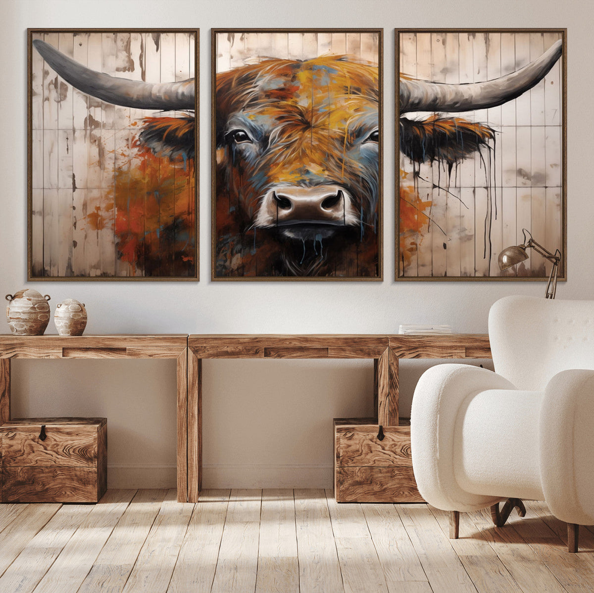 Abstract Bull Highland Cow Canvas Wall Art Print – Vibrant