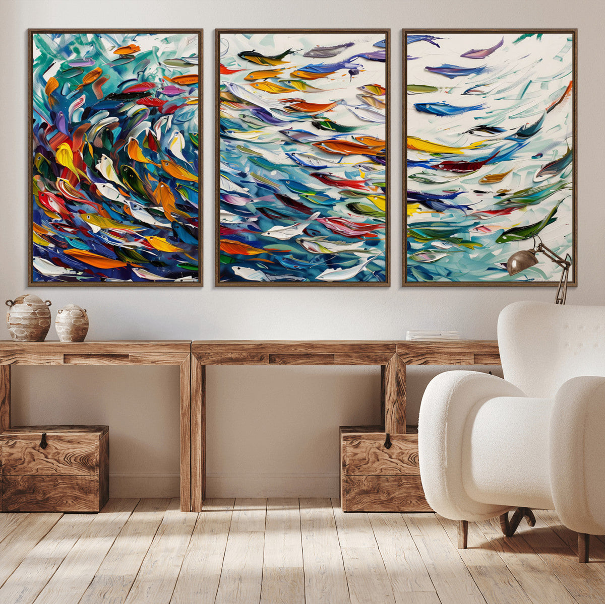 Modern Abstract Fish Shoal Wall Art Canvas Print, Colorful