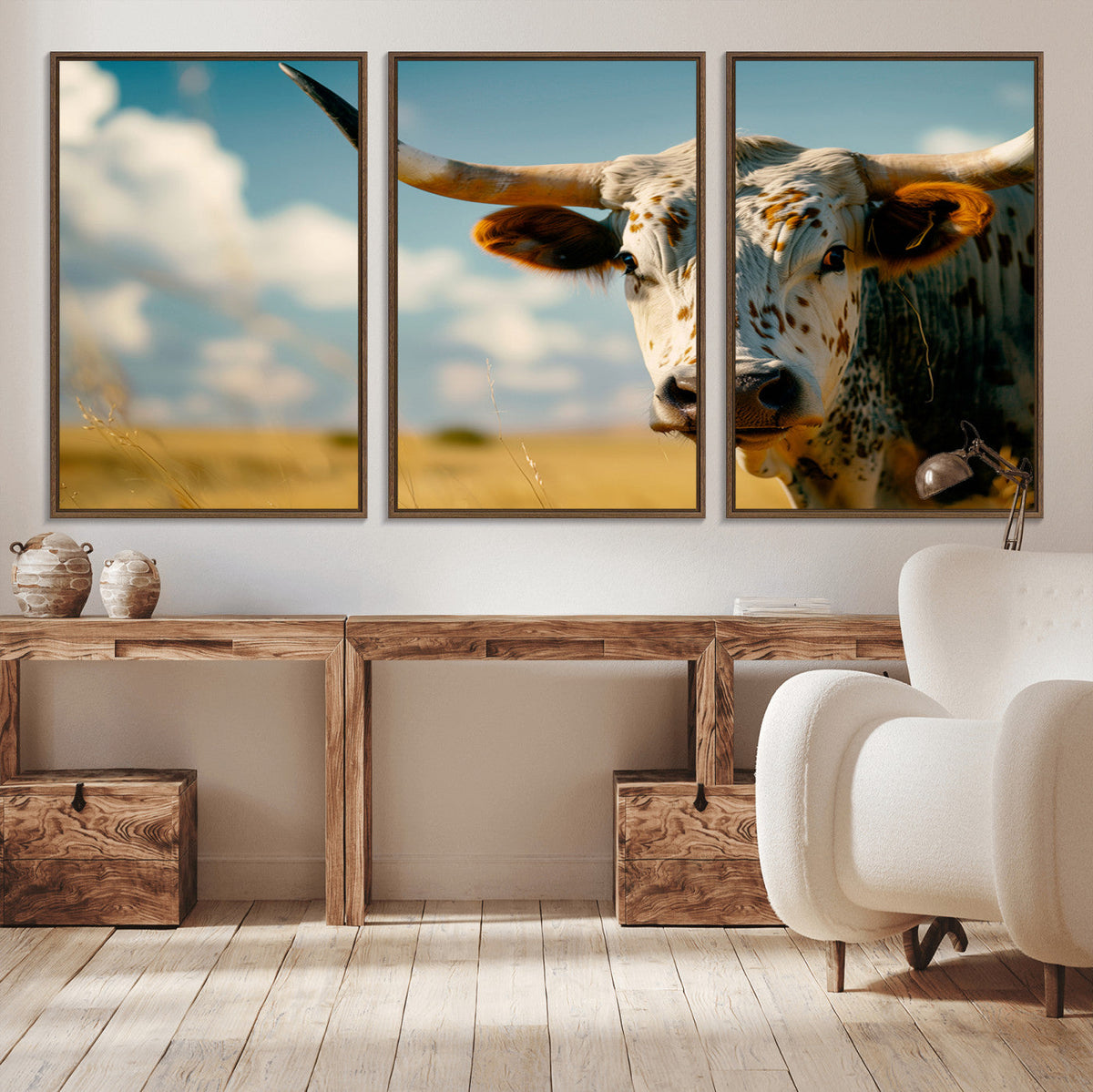 Longhorn in the Prairie - Stunning Ranch-Style Triptych Wall
