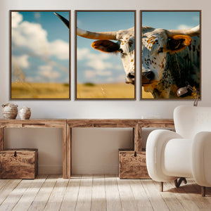 Longhorn in the Prairie - Stunning Ranch-Style Triptych Wall