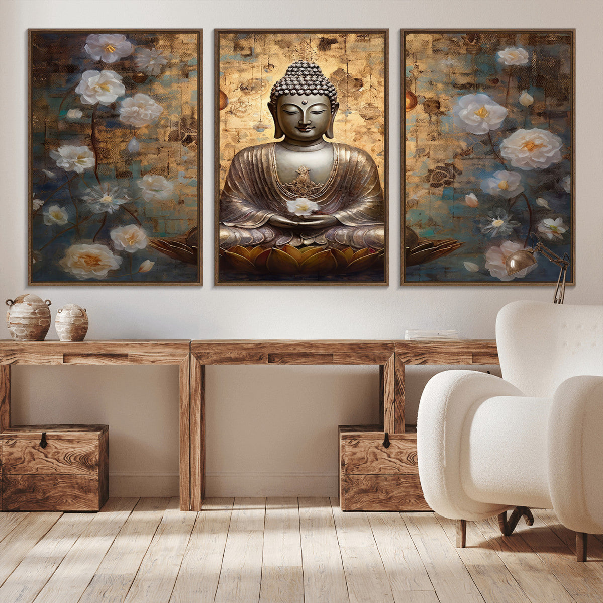 Golden Buddha Wall Art Canvas Print | Zen Meditation Floral